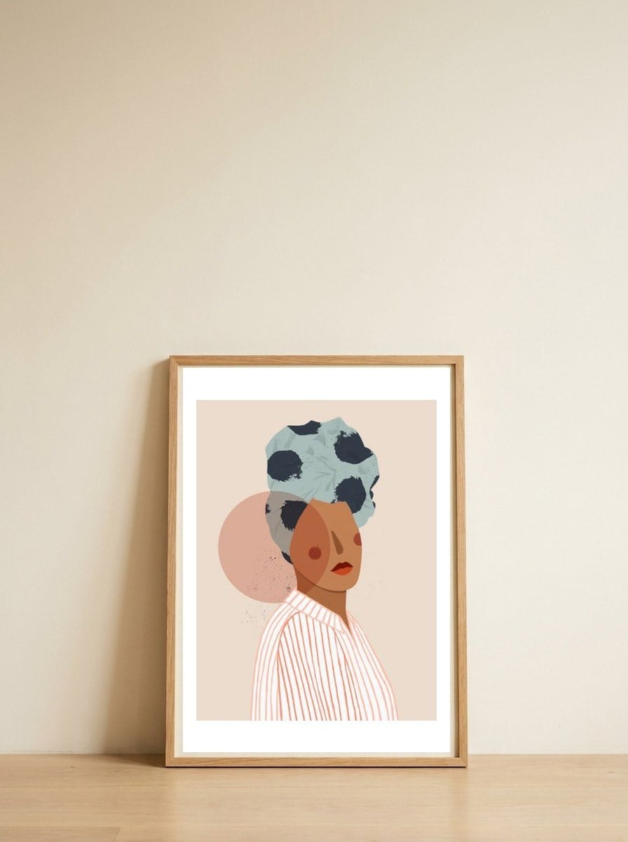 Lady with stripes — framed, leaning against the wall