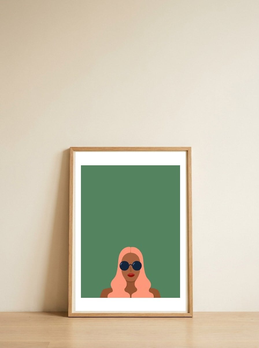 Lady with pink hair — framed, leaning against the wall