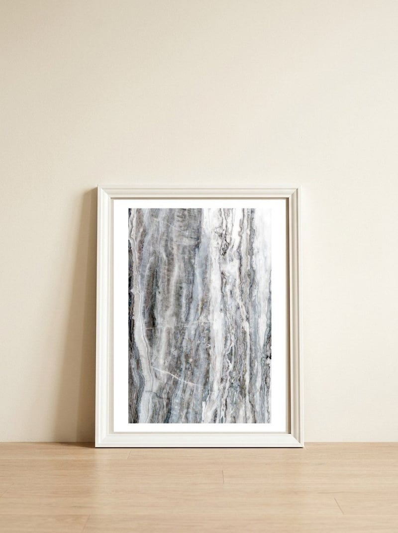 Marble Landscape II Blue and White — framed, leaning against the wall