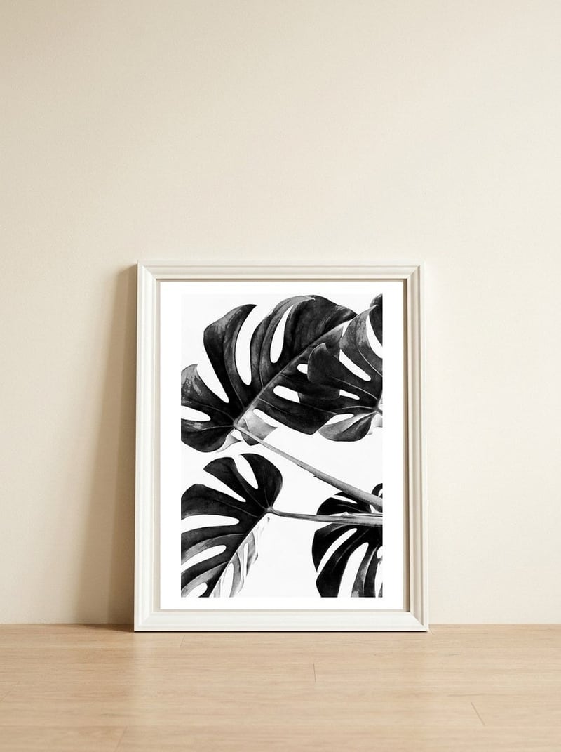 Monstera Black And White 05 — framed, leaning against the wall