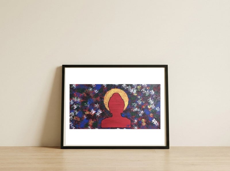 Halo Buddha (Enlightened) — framed, leaning against the wall
