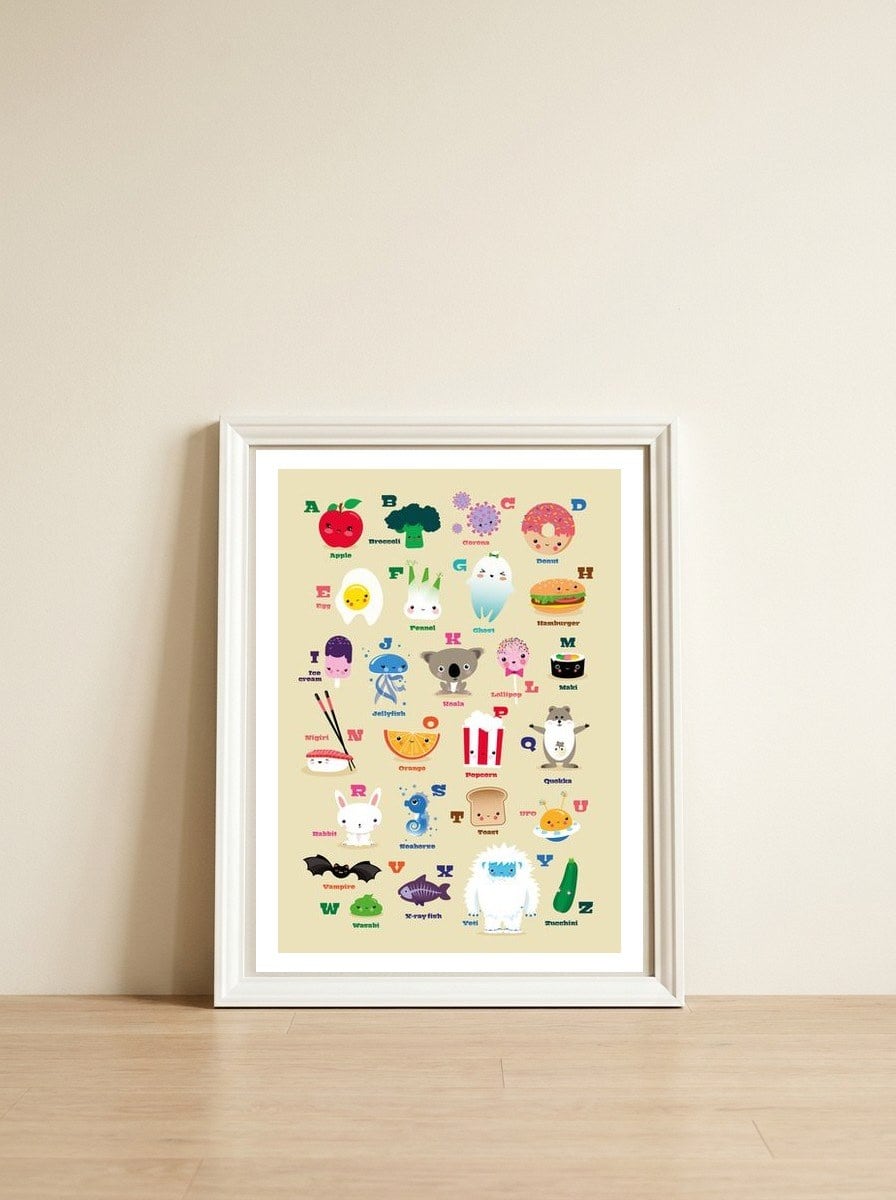 Nursery Kawaii Alphabet — framed, leaning against the wall