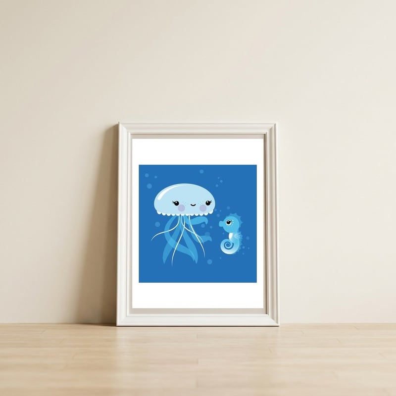 Best Friends Kawaii Jellyfish And Seahorse — framed, leaning against the wall