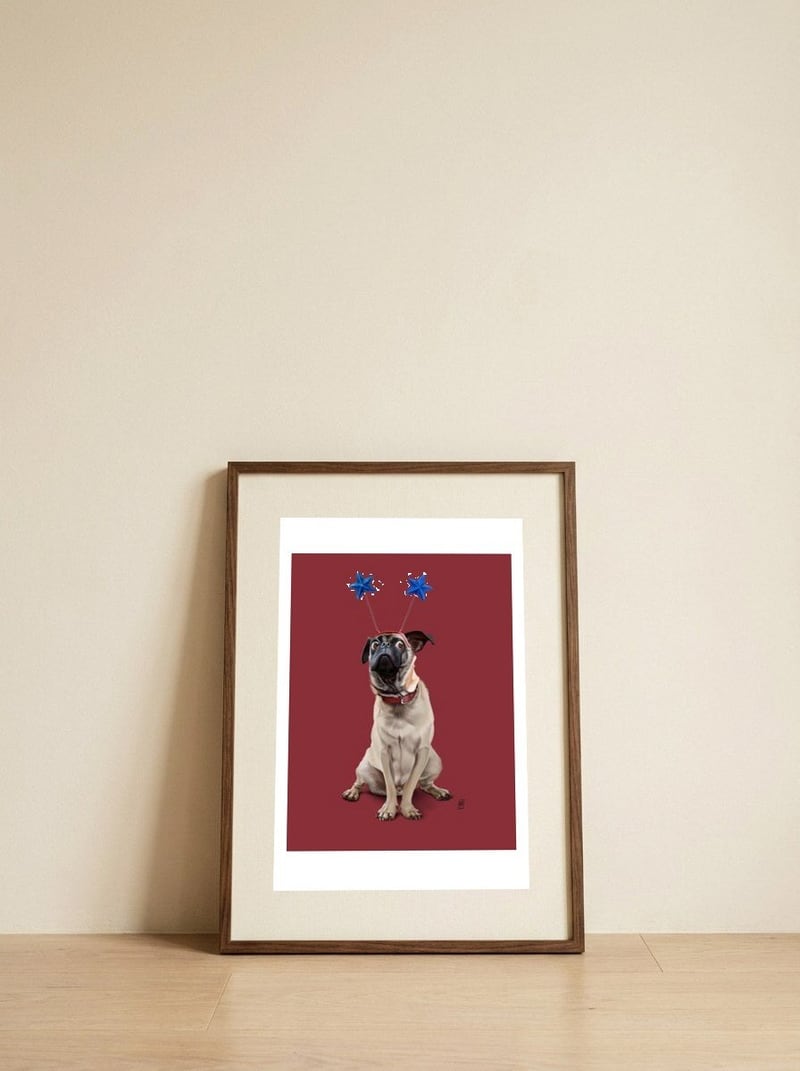 A Pug's Life (Colour) — framed, leaning against the wall