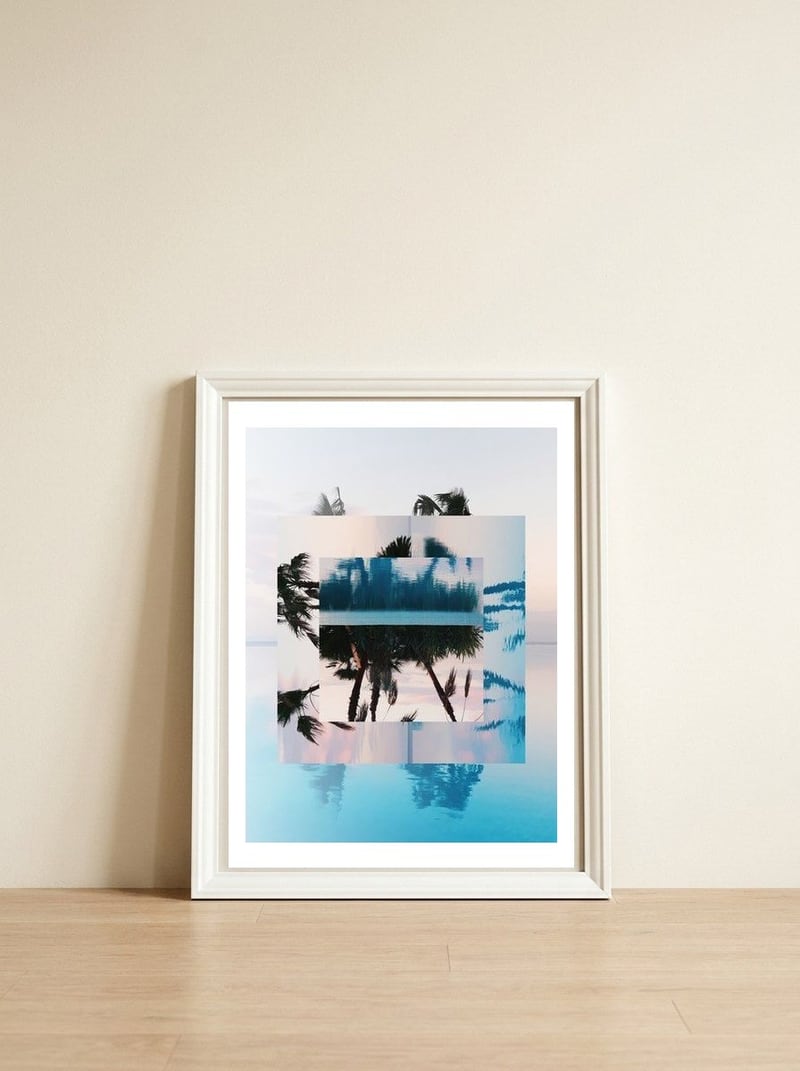 Quadratur 3 · Plams And Beach — framed, leaning against the wall