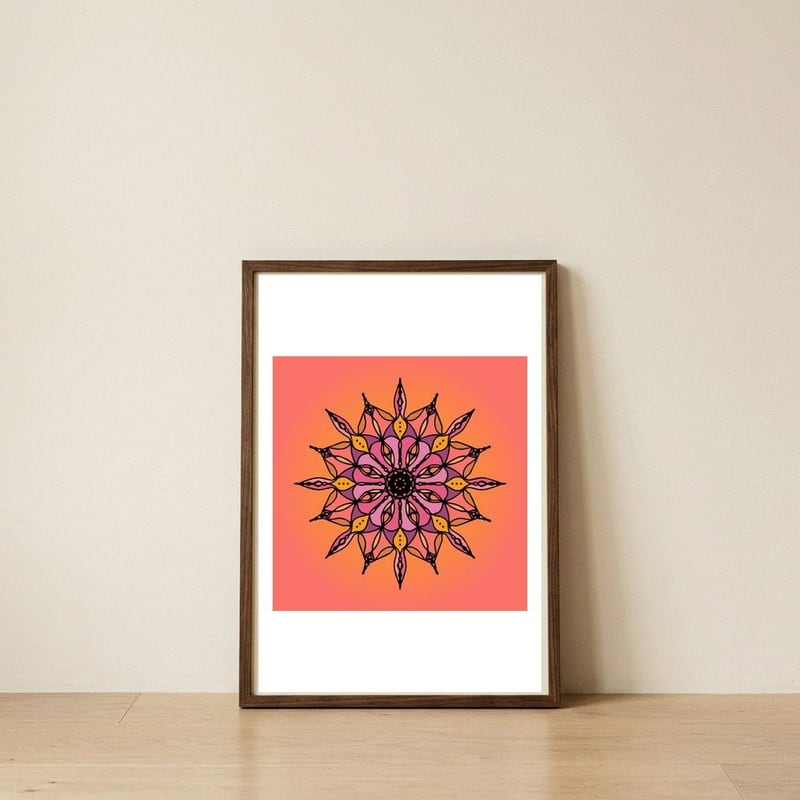 SUNSET CORAL MANDALA — framed, leaning against the wall