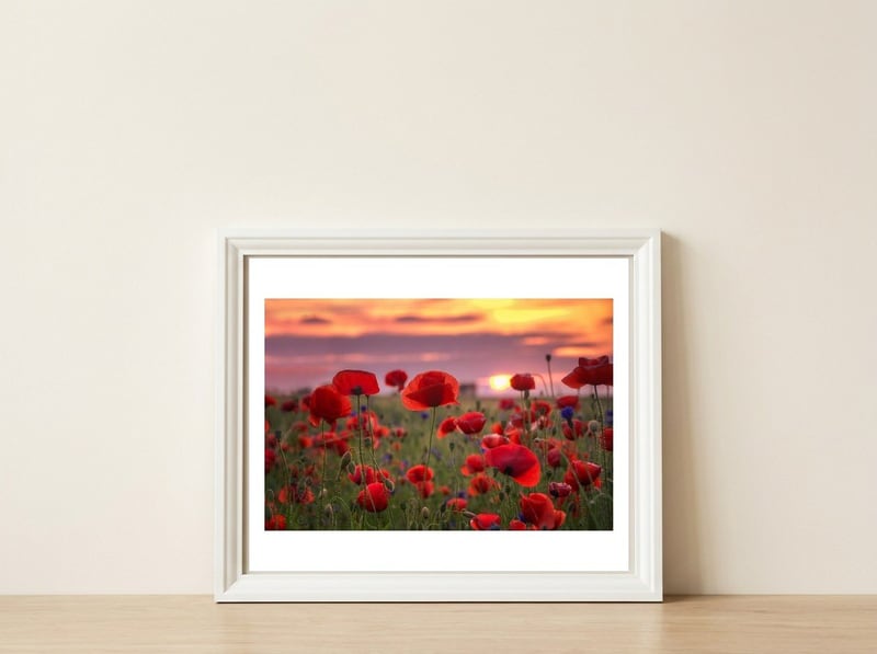 Poppies at Evening — framed, leaning against the wall