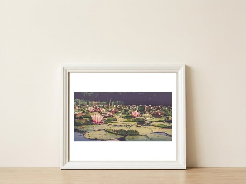 Waterlilies — framed, leaning against the wall