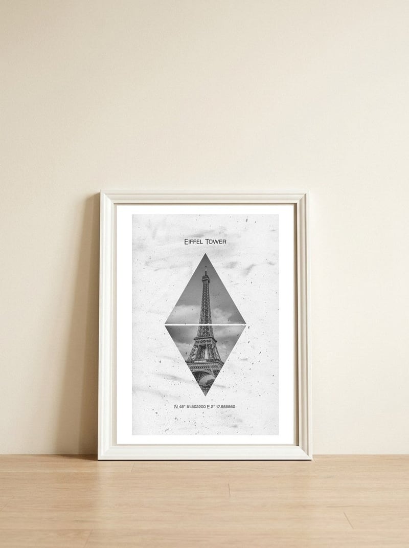 Coordinates PARIS Eiffel Tower — framed, leaning against the wall