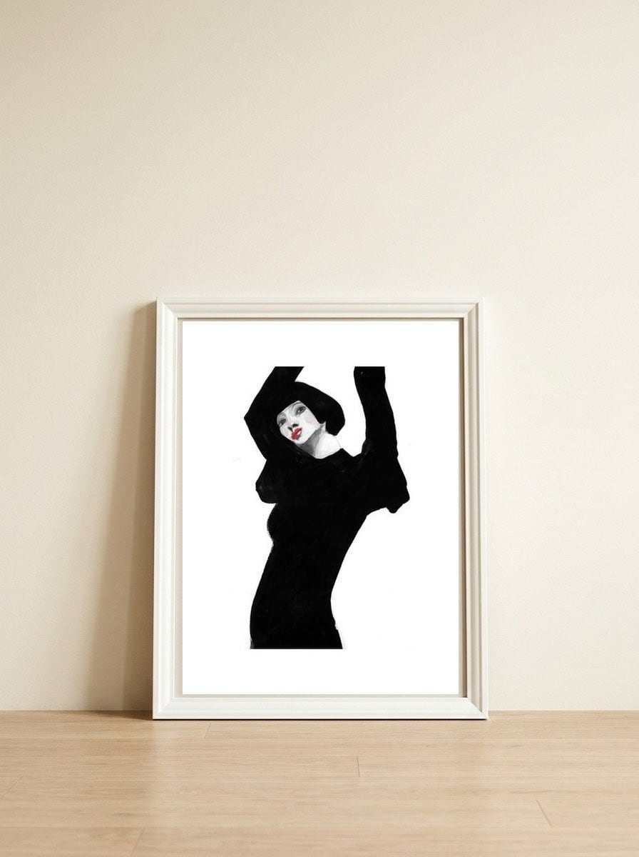 Untitled #11 - Woman in black — framed, leaning against the wall