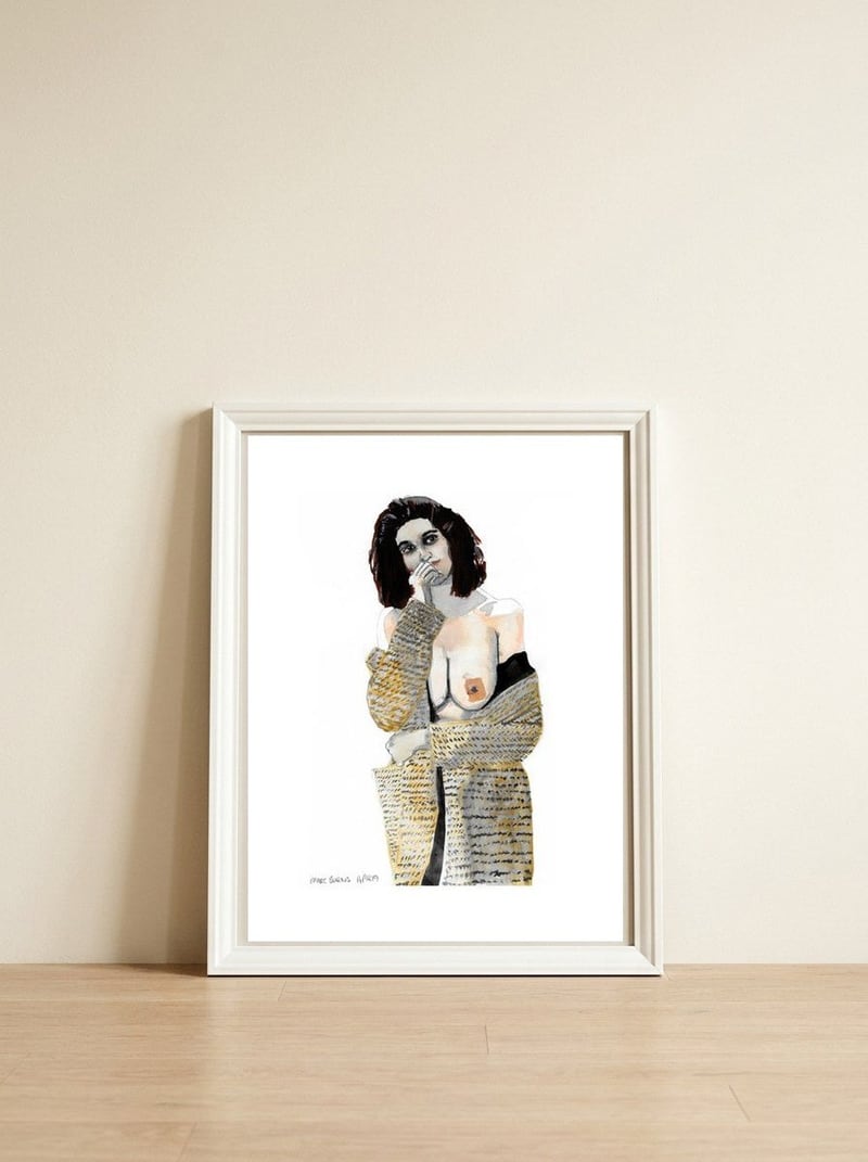 Untitled #15 - Woman in coat — framed, leaning against the wall