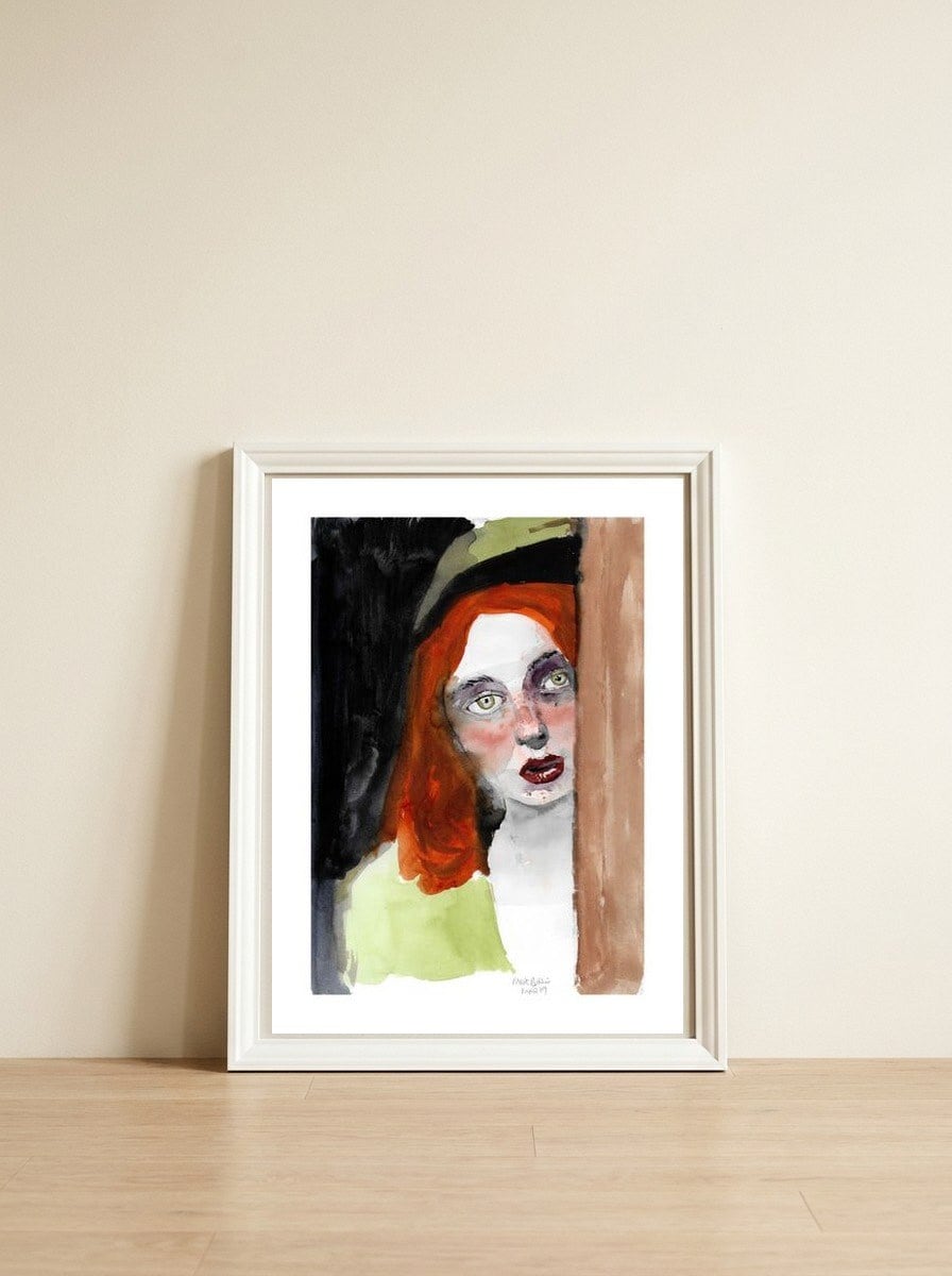 Untitled #017 - Woman with red hair — framed, leaning against the wall