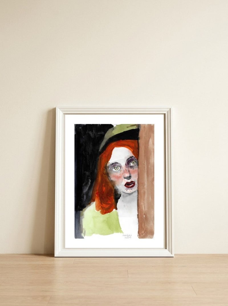 Untitled #017 - Woman with red hair — framed, leaning against the wall