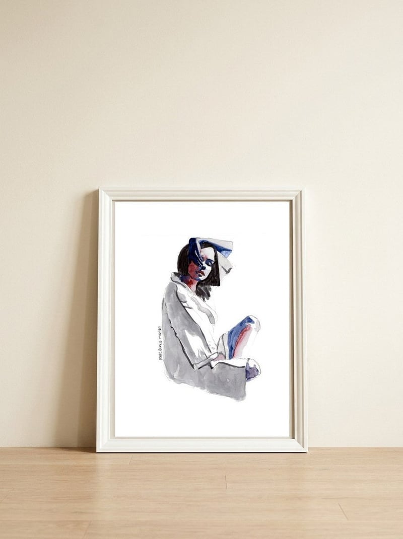 Untitled #24 - Woman in white — framed, leaning against the wall