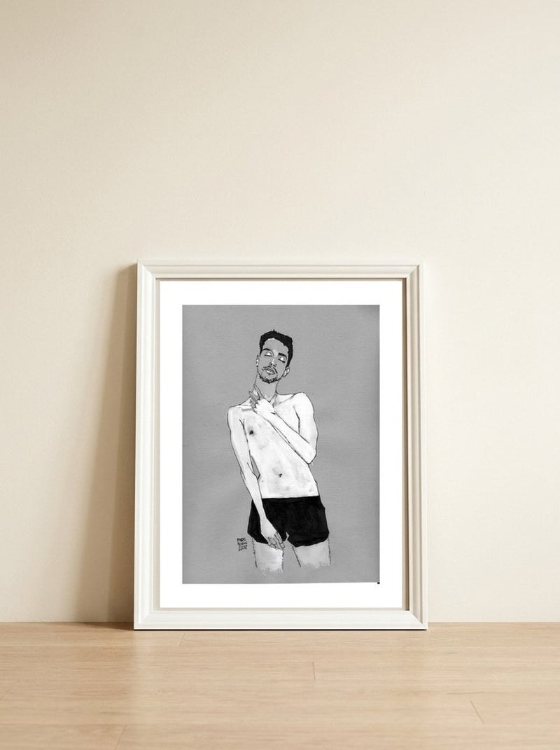 Untitled #42 - Man in black shorts — framed, leaning against the wall
