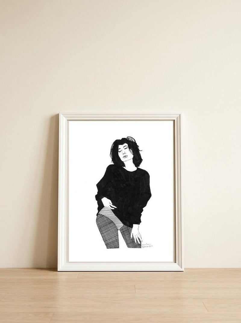 Untitled #44 - Woman in black — framed, leaning against the wall