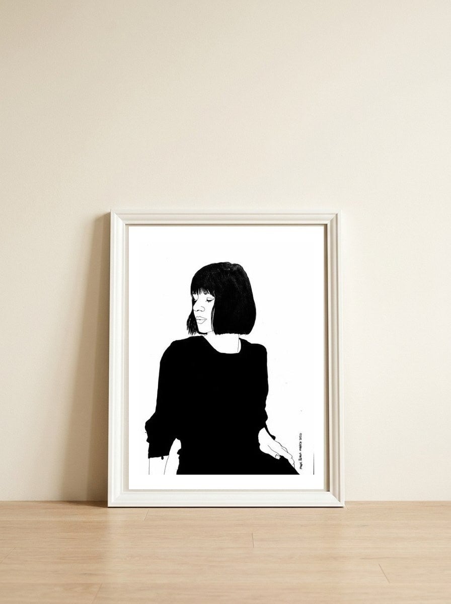 Untitled 84 - Woman in black — framed, leaning against the wall