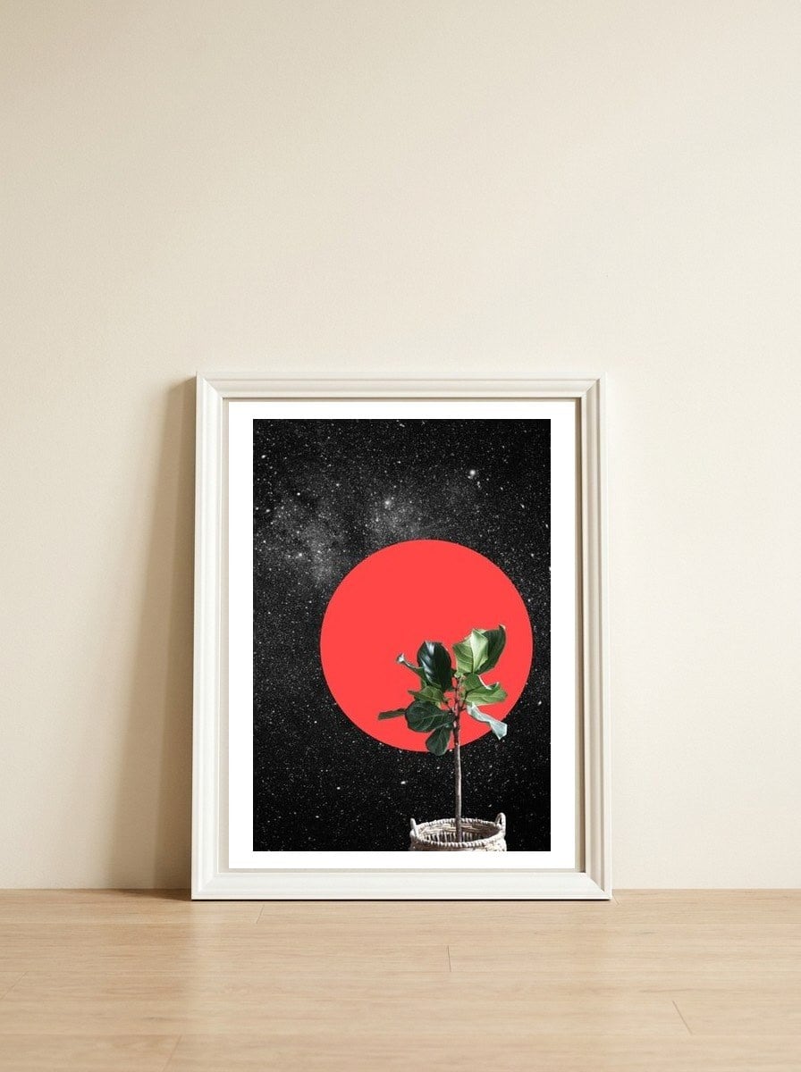 "Bonsai" - Digital Collage — framed, leaning against the wall