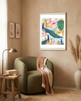 Utopia, Tropical Wildlife Animals, Flamingo Peacock Seagull Vintage Botanical Palm framed in a tender room thumbnail