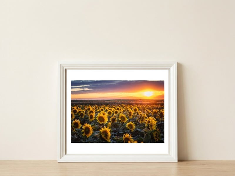 Sunflowers at Sunset — framed, leaning against the wall