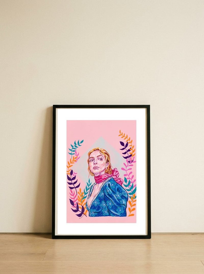 Jodie Comer 'Villanelle' print  — framed, leaning against the wall