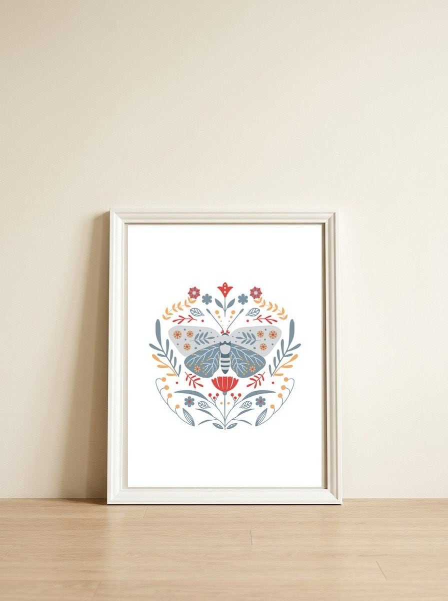 Scandinavian Folk Art: Butterfly & Flowers — framed, leaning against the wall