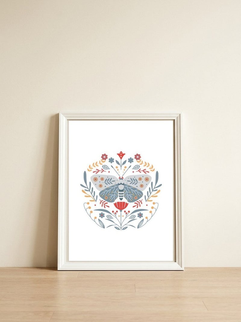 Scandinavian Folk Art: Butterfly & Flowers — framed, leaning against the wall