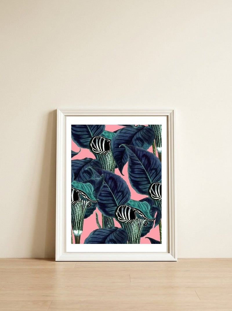 Tropical Flower Pattern — framed, leaning against the wall