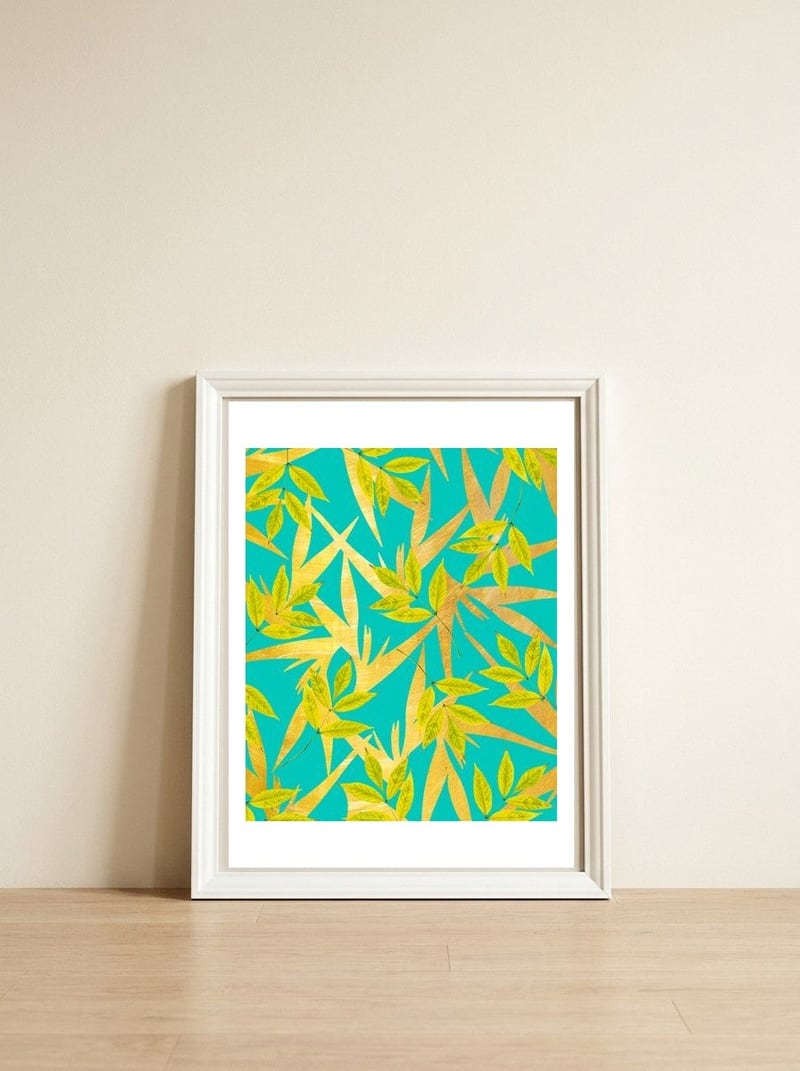 Gold & Teal Florals — framed, leaning against the wall
