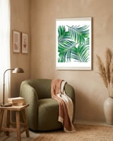 Palm Paradise, Tropical Leaves, Beachy Watercolor Painting, Minimal Nature Botanical Illustration framed in a tender room thumbnail
