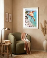 Flamingos on the Beach, Wildlife Surrealism Birds, Nature Flamingo Fantasy Beach Summer Photography framed in a tender room thumbnail
