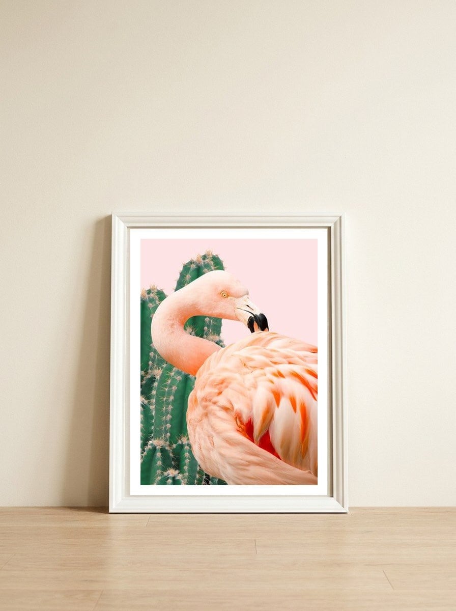 Flamingo & Cactus — framed, leaning against the wall