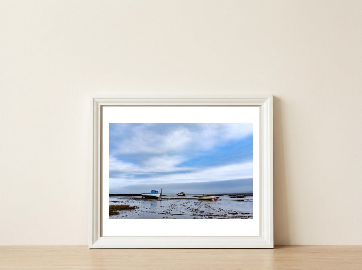Moored Boats, Morecambe Bay — framed, leaning against the wall