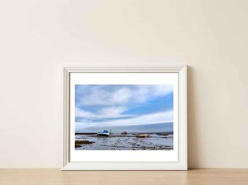 Moored Boats, Morecambe Bay — framed, leaning against the wall
