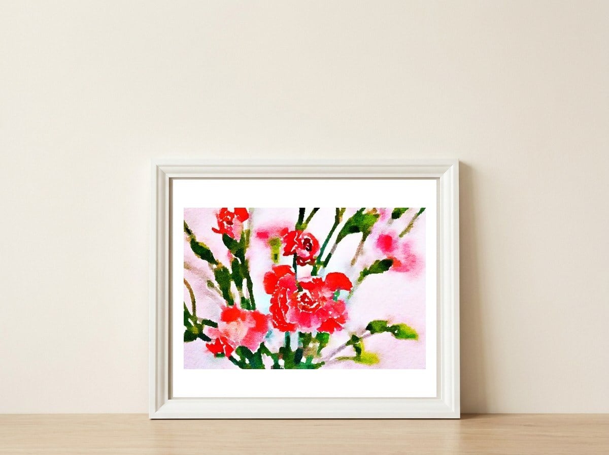 Red Blossom — framed, leaning against the wall