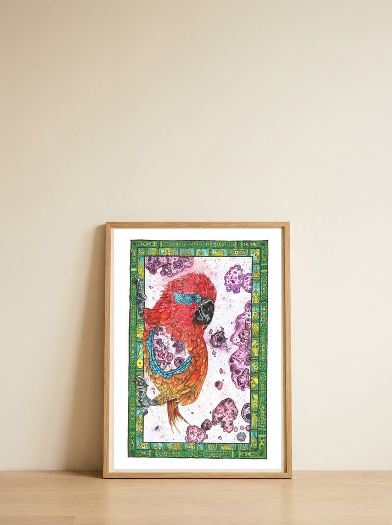 Parrot Fever — framed, leaning against the wall