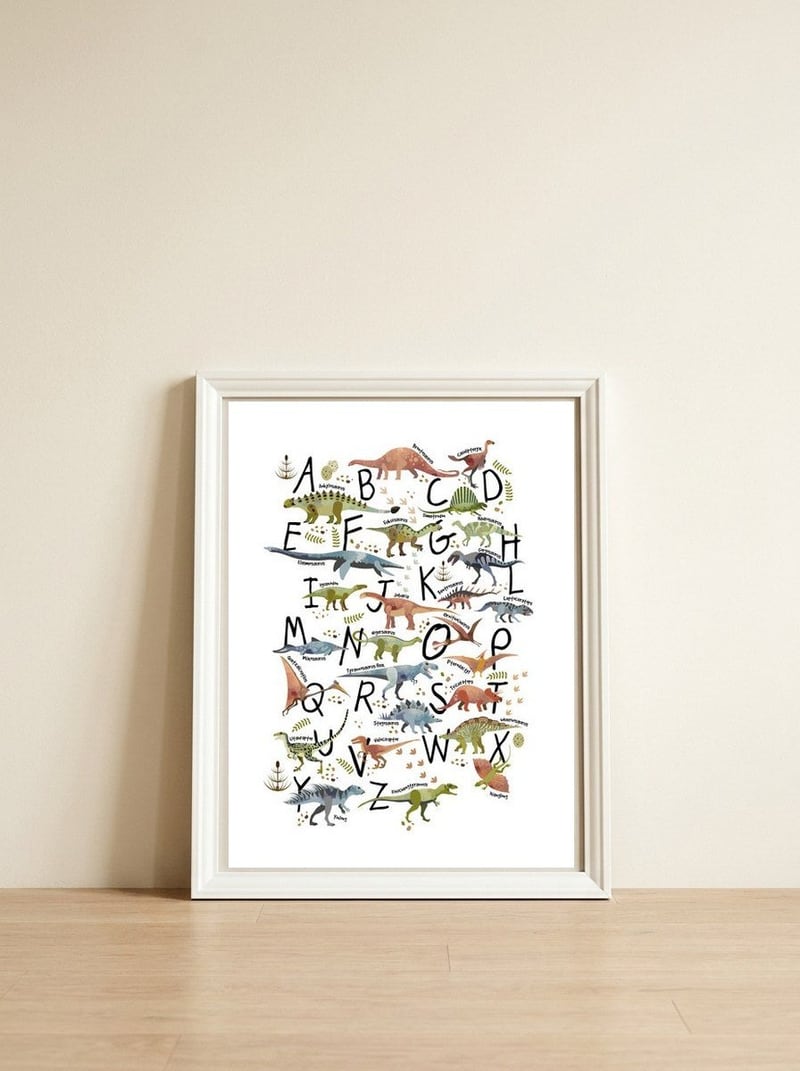 Dinosaur Alphabet  — framed, leaning against the wall
