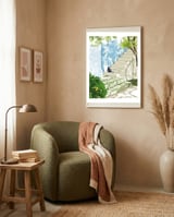 Black cat on the steps Poster, Greece Santorini summer travel pet painting framed in a tender room thumbnail