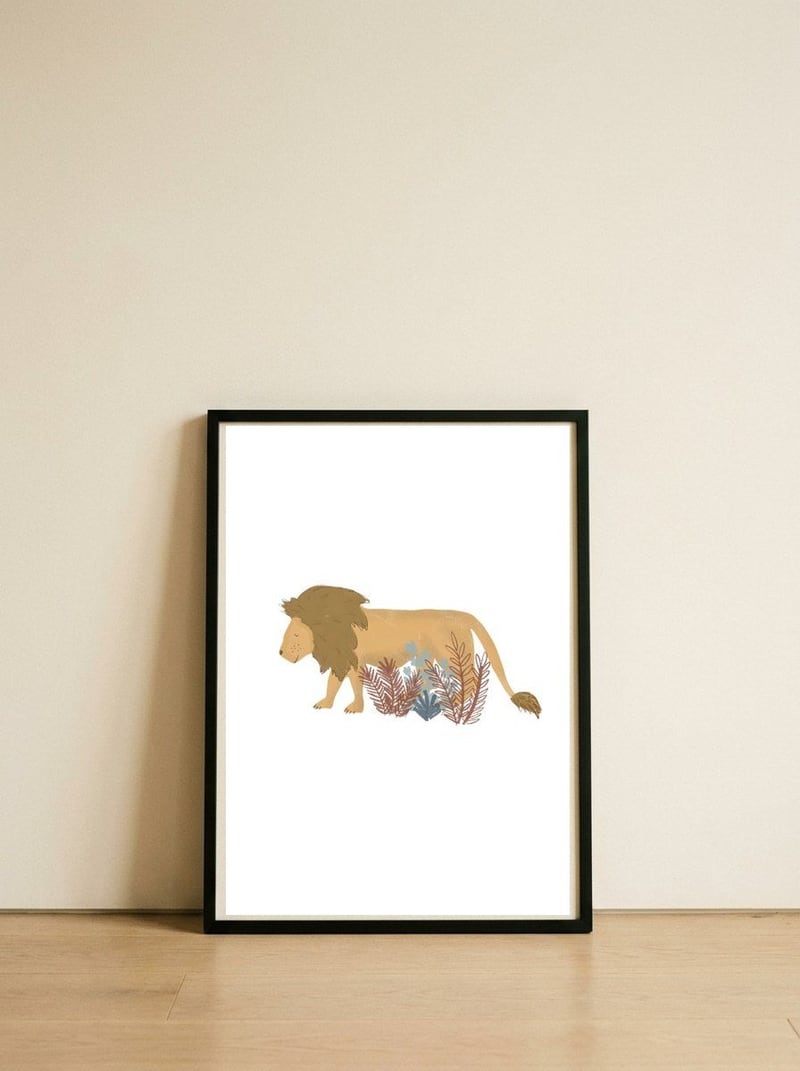 Lion — framed, leaning against the wall
