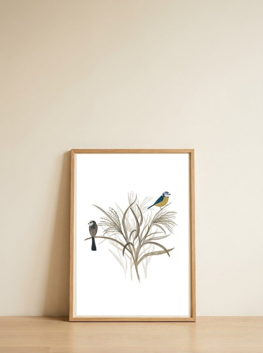 Garden Birds — framed, leaning against the wall