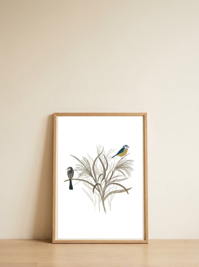 Garden Birds — framed, leaning against the wall