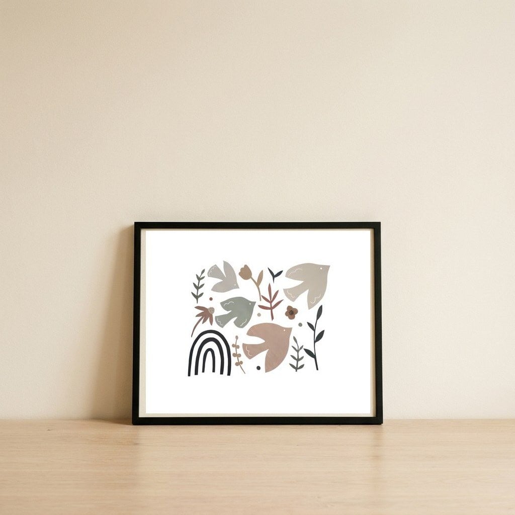 Through the sky — framed, leaning against the wall