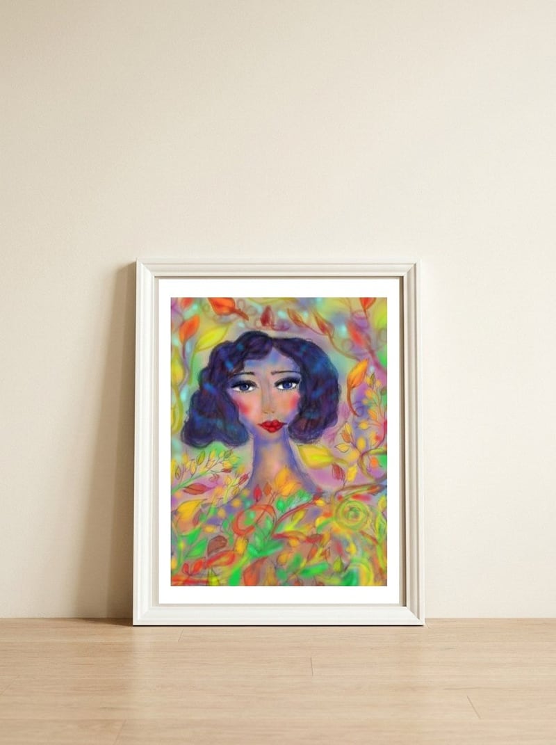A GIRL IN AN ENCHANTED FOREST  — framed, leaning against the wall