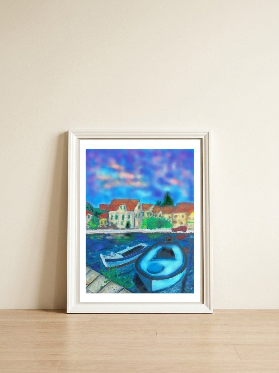 Two Boats in Vrboska — framed, leaning against the wall