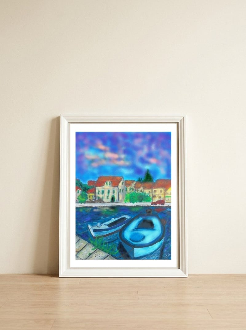 Two Boats in Vrboska — framed, leaning against the wall