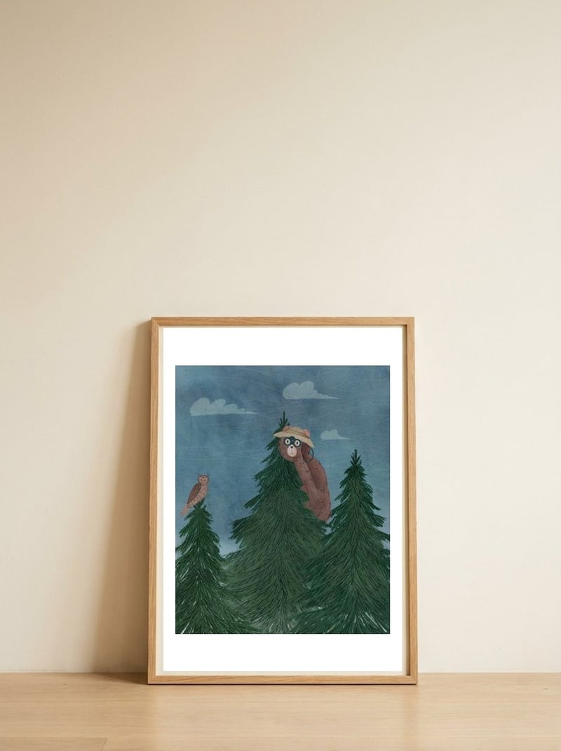 Up in the trees — framed, leaning against the wall