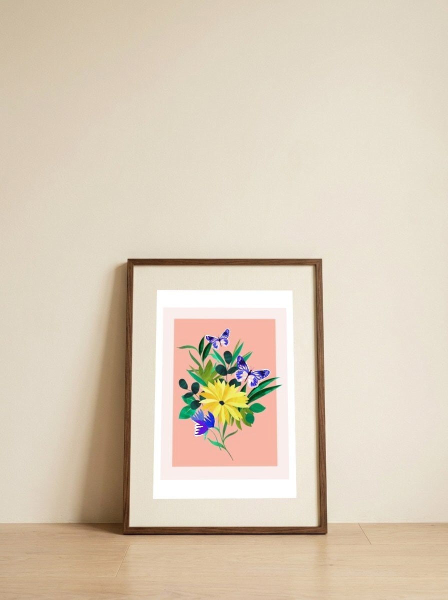 Purple butterflies — framed, leaning against the wall