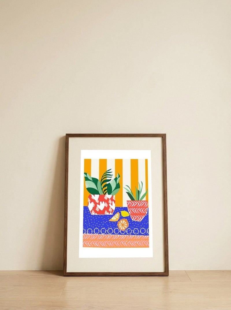 Stripes and circles — framed, leaning against the wall