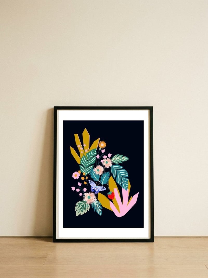 Flowers and leaves — framed, leaning against the wall