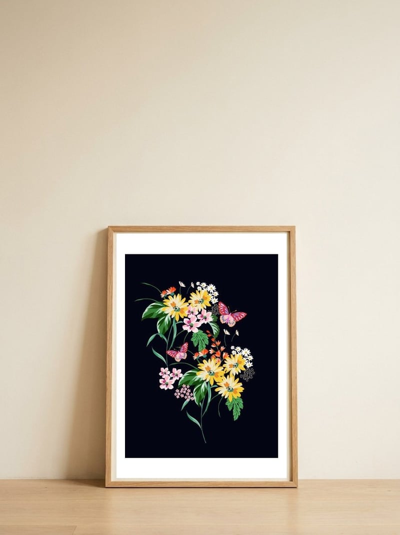 Daisy and butterfly — framed, leaning against the wall